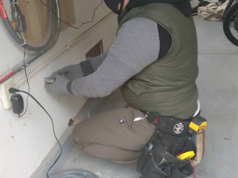 Electrician performing outlet wiring in a Rohnert Park garage